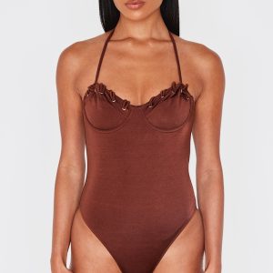 Chocolate Underwired Laced Cup Swimsuit