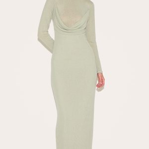 Sage Green Onion Skin Drape Detail Long Sleeve Maxi Dress