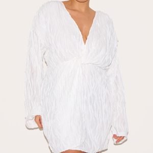 Plus White Textured Wrap Front Dress