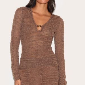 Chocolate Sheer Bobble Crochet Long Sleeve Beaded Keyhole Cut Out Top