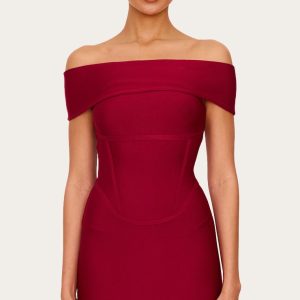 Burgundy Bandage Corset Detail Off The Shoulder Mini Dress
