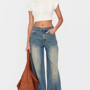 Vintage Washed Front Seam Detail Boyfriend Jeans