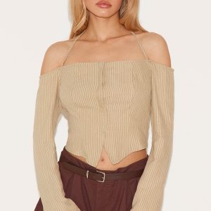 Cream Striped Bardot Peach Skin Flared Shirt