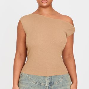 Plus Taupe Fine Knit Twist Neck Vest Top
