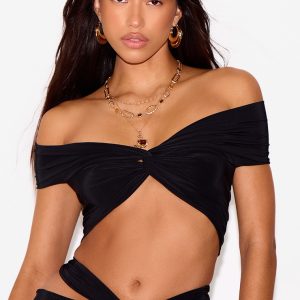 Black Double Layer Slinky Twist Crop Top