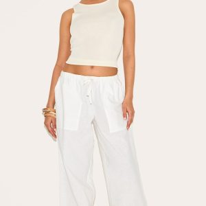 Petite White Linen Drawstring Waist Trousers