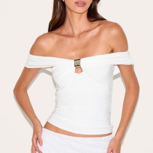White Double Layer Slinky Trim Detail Bardot Long Top