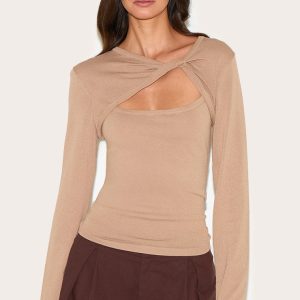 Mushroom Fine Knit Twist Neck Long Sleeve Top