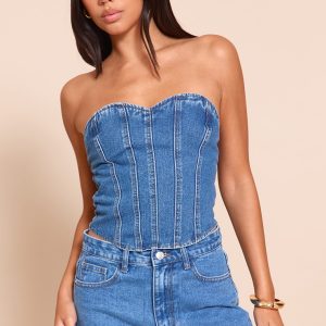 Mid Blue Wash Seam Detail Denim Corset Top