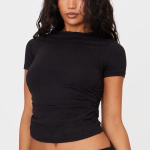 Black Cotton Side Cap Sleeve Ruched Top