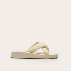 Cream Stretch Lycra Square Toe Criss Cross Strap Flatform Sandals