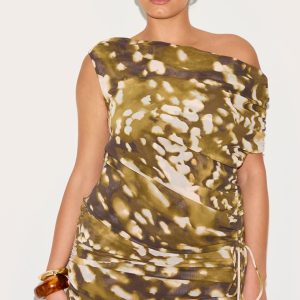 Plus Stone Blurred Abstract Printed Chiffon Cowl Bead Detail Sleeveless Top