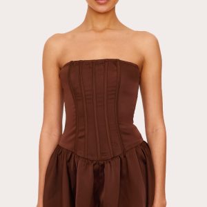 Chocolate Satin Corset Detail Bandeau Playsuit