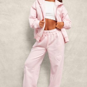 Baby Pink Embossed Heart Wide Leg Joggers