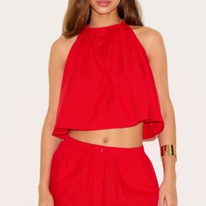 Tomato Red Poplin Low Back Halterneck Top