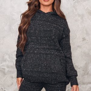 PRETTYLITTLETHING Black Space Dye Oversized Knitted Hoodie