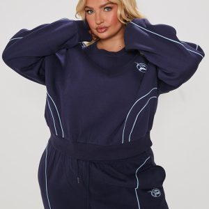 PRETTYLITTLETHING Plus Navy Embroidered Contrast Piping Sweatshirt