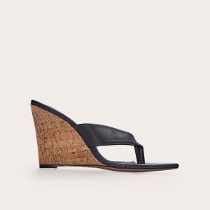 Black Pu Round Toe Thong Heeled Wedges