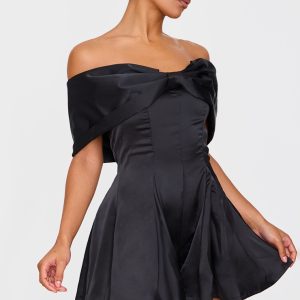 Premium Black Satin Extreme Bow Detail Playsuit