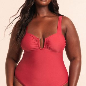 Plus Deep Red Underwired U Bar Ruched Cup Swimsuit