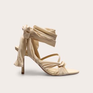 Lemon Satin Round Toe Lace Up Ribbon High Heeled Sandals