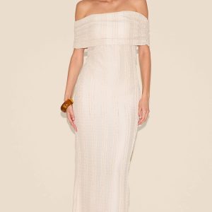 Cream Textured Bardot Maxi Dress