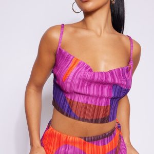 Pink Print Plisse Strappy Cowl Neck Top