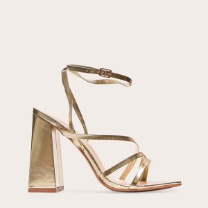 Gold Wide Fit Pu Square Toe Strappy Block Heeled Sandals