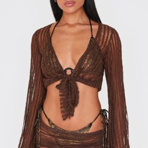 Brown Textured Tie Front Beach Top