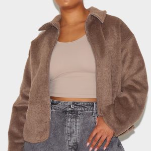Plus Taupe Wool Look Wide Collar Zip Up Jacket