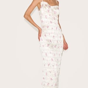 Pink Satin Ditsy Floral Ruched Underwired Maxi Dress