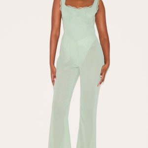 Sage Green Chiffon Corset Detail Flared Jumpsuit