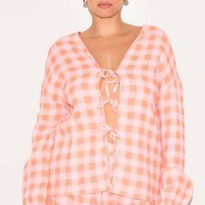 Plus Orange Checked Cheesecloth Tie Front Long Sleeve Shirt