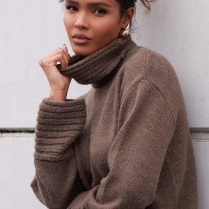 Chocolate Textured Knit Roll Neck Oversized Jumper