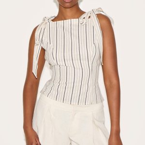 Sand Striped Linen-Blend Shoulder Tie Detail Top