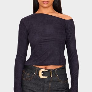 Black Faux Suede Asymmetric Neck Long Sleeve Top