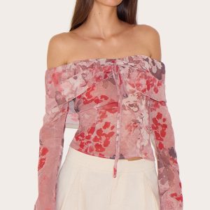 Dusty Pink Printed Bardot Chiffon Blouse