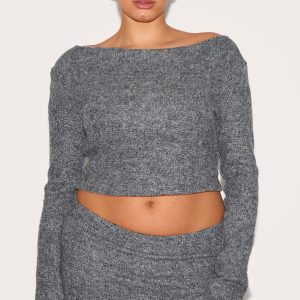 Plus Charcoal Textured Ribbed Slash Neck Long Sleeve Top