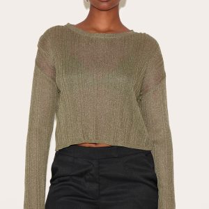 Dark Khaki Sheer Knit Oversized Top
