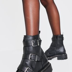 Black Pu Round Toe Buckle Diamante Trim Chunky Ankle Boots