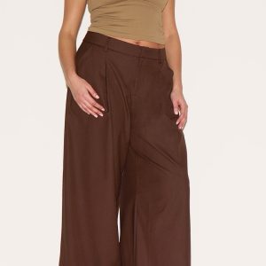 Plus Chocolate Woven Double Pleat Wide Leg Trouser