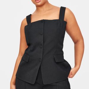 Plus Premium Black Button Detail Corset Waistcoat