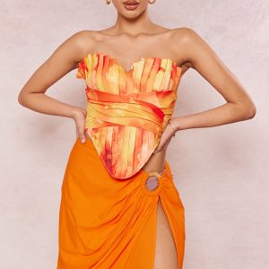 Orange Floral Print Woven Pleated Drape Front Corset