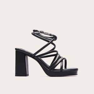 Black PU Square Toe Tube Strap Platform Block Heeled Sandals
