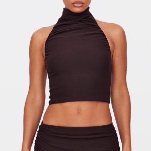 Chocolate Soft Touch Ruched Halter Crop Top