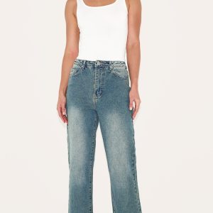 Tall Indigo Vintage Wash Frayed Hem Wide Leg Jeans