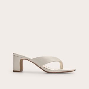 Ecru Pu Round Toe Thong Mid Block Heeled Mules