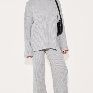 Ash Grey Rib Boucle Knit Wide Leg Trousers