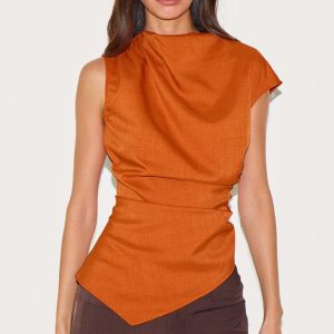 Rust Woven Ruched Asymmetric Long Top