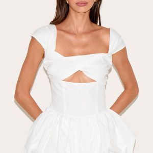 White Woven Puffball Cap Sleeve Playsuit